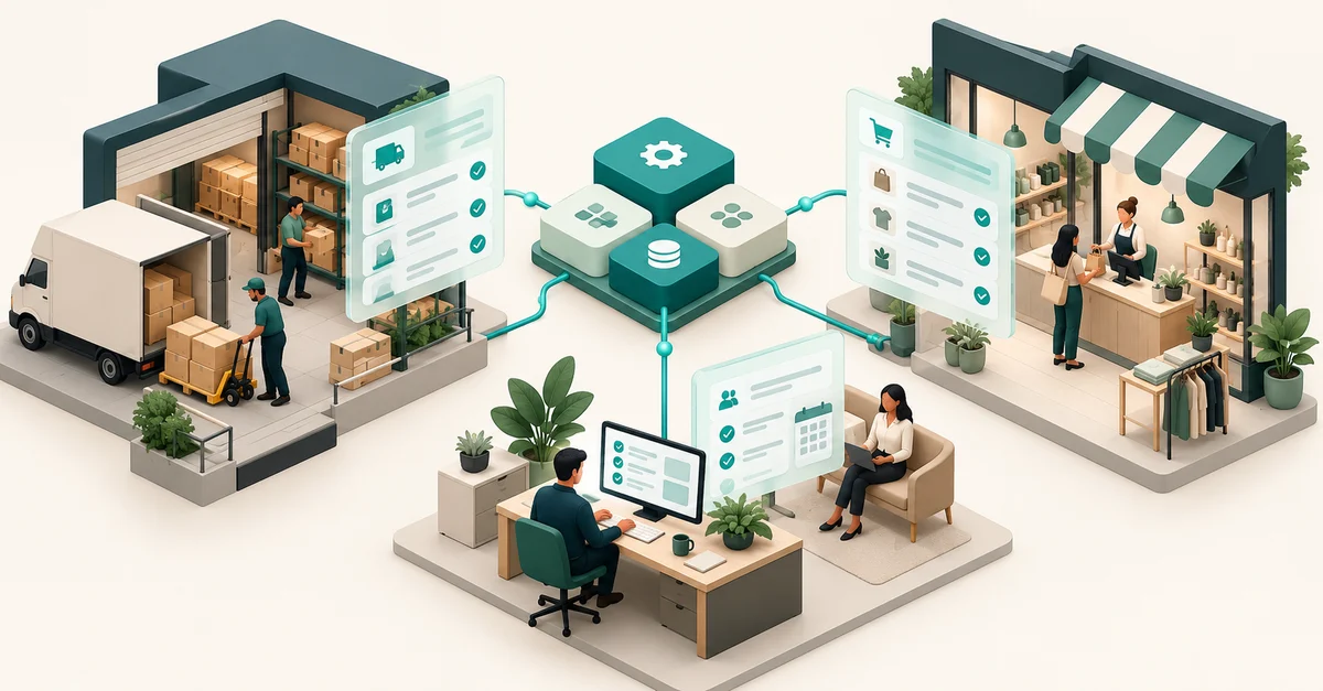 Custom software connects a distributor, a retail shop, and a service business through applications tailored to their workflows